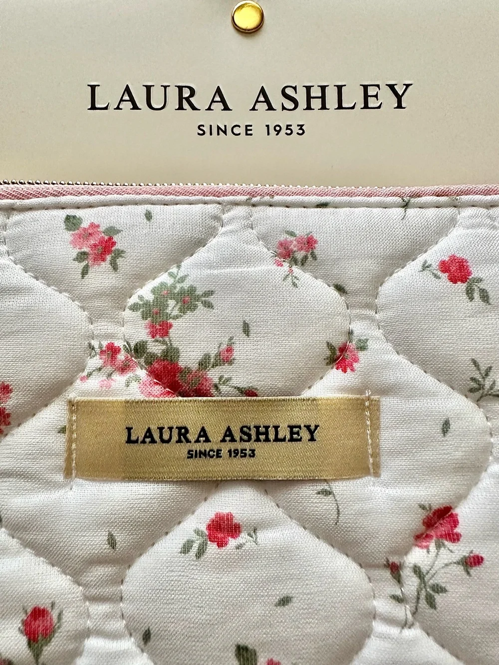 LAURA ASHLEY “Cora” Floral Quilted Zip Pouch with Pink Striped Lining - NEW